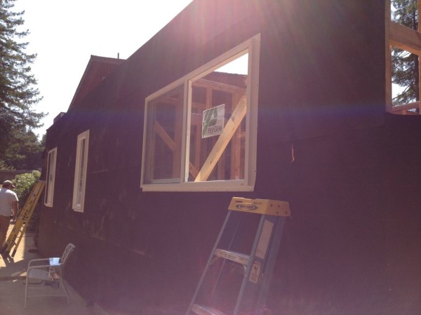 Windows and tar paper ready on east wall