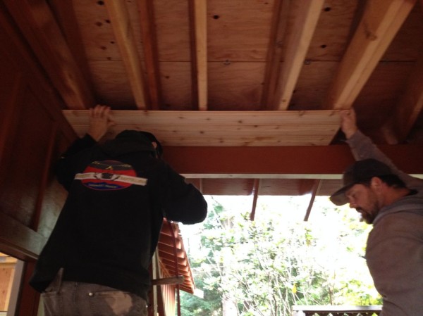 Sean and Matt starting the cedar ceiling