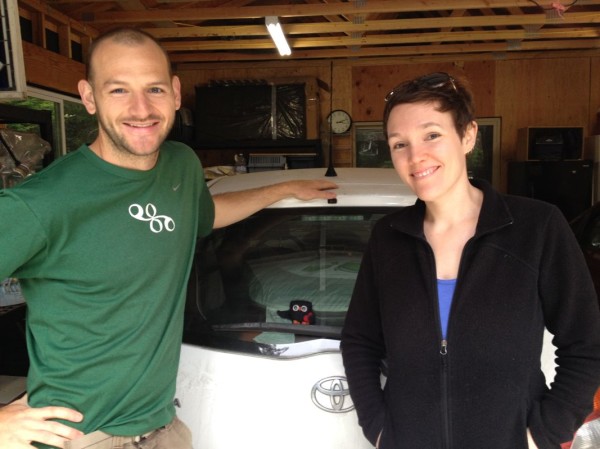 Jessie, me, and our trip mascot, Archimedes. This was taken just before we pulled out of our garage in Humboldt. 